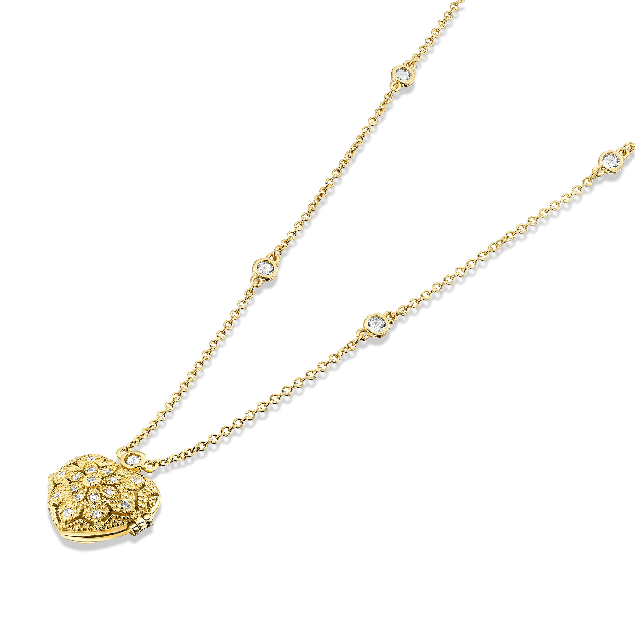 Vintage Heart Locket Lab Diamond Necklace White Topaz in 18K Gold Vermeil